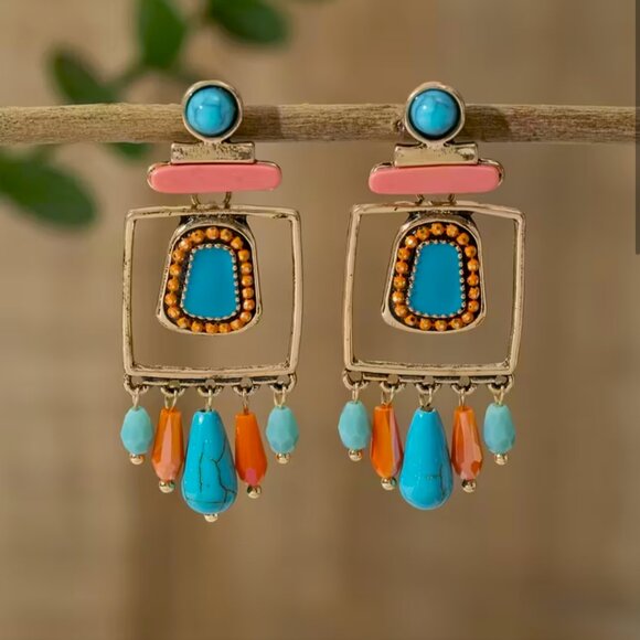 Private Label Jewelry - NEW Etruscan Revival Pink and Blue Beaded Gold Statement Earrings